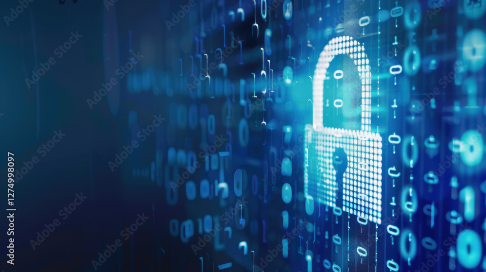 Poster digital lock symbol on blue background with binary code, representing cybersecurity and data protect
