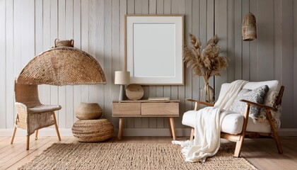 3D Rendered Frame Mockup in a Cozy Farmhouse Living Room Interior, Warmth and Character Abound with Rustic Charm at Twilight