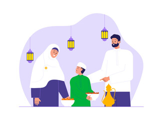 Muslim family doing Iftar Party Illustration. Eid illustration. Flat vector illustration concept.