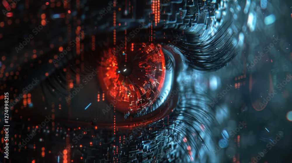Poster close up of futuristic eye with digital elements, showcasing vibrant red iris surrounded by intricat