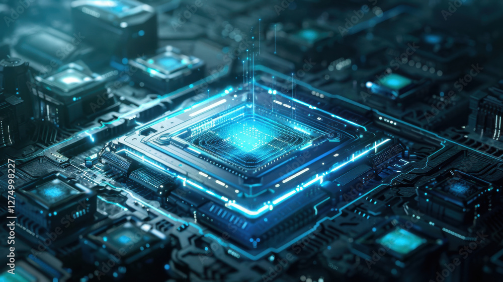 Poster futuristic computer chip with glowing blue lights and intricate circuitry, representing advanced tec
