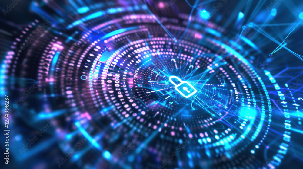 Poster digital lock symbol surrounded by binary code and glowing lines, representing cybersecurity and data
