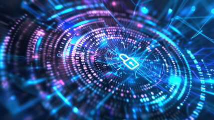 Fototapeta premium Digital lock symbol surrounded by binary code and glowing lines, representing cybersecurity and data protection. vibrant blue and purple colors create futuristic atmosphere