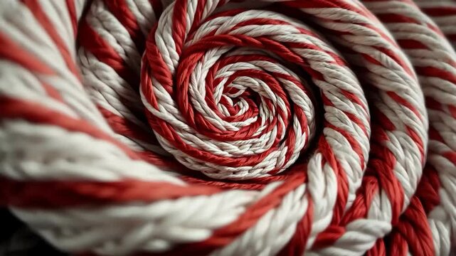 Video footage of Close up of a tightly coiled rope with alternating red and white strands, creating a visually striking spiral pattern