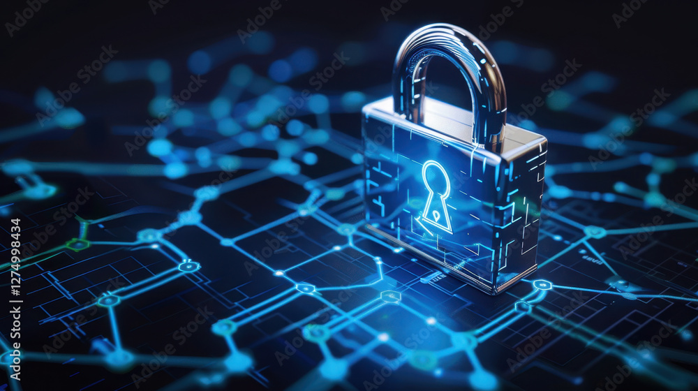 Poster digital padlock symbolizing cybersecurity and data protection, surrounded by network of blue lines a