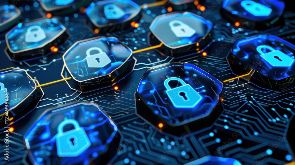 Aufkleber digital representation of secure data with glowing padlocks on circuit board. this symbolizes cybers