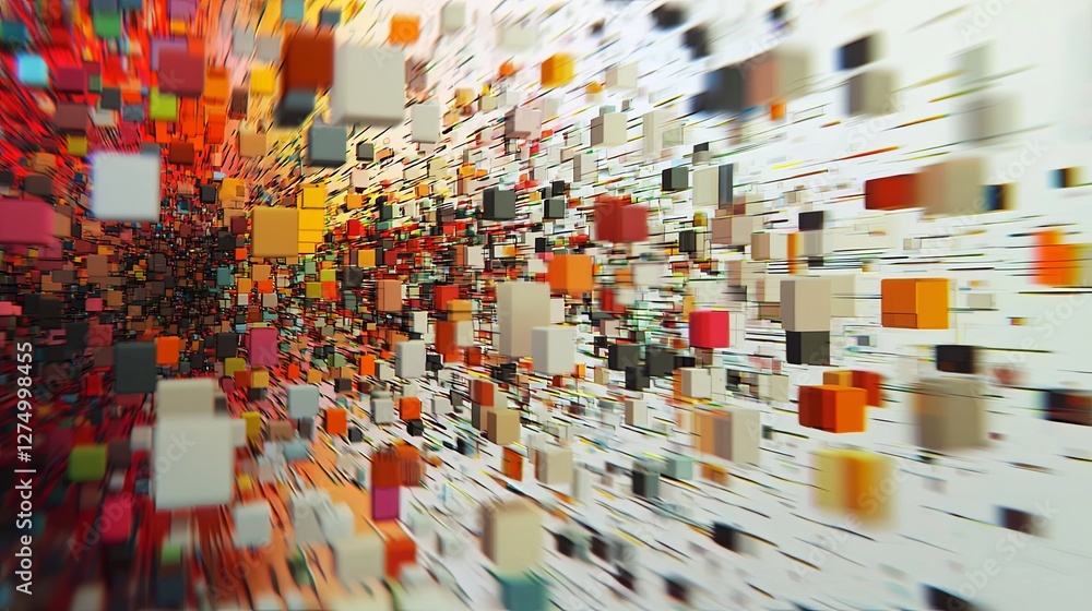 Poster layers of floating, rotating squares in a digital perspective. copy space.