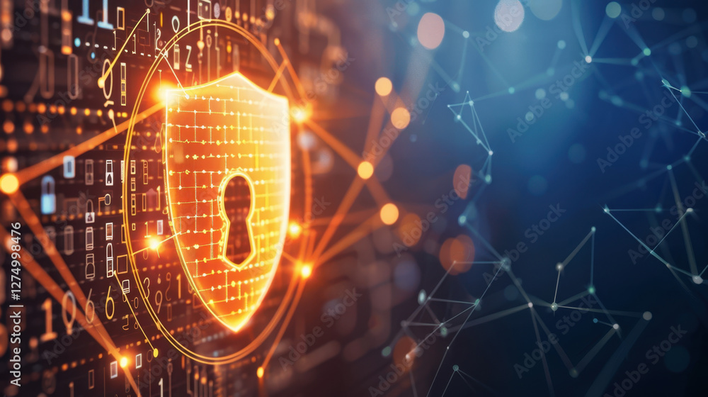 Poster digital security concept with shield and lock symbolizing protection