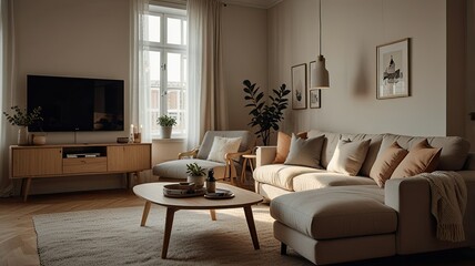 Fototapeta premium Soft lighting fills a chic Scandinavian style living room featuring a plush sofa stylish decor and a minimalist aesthetic perfect for relaxation