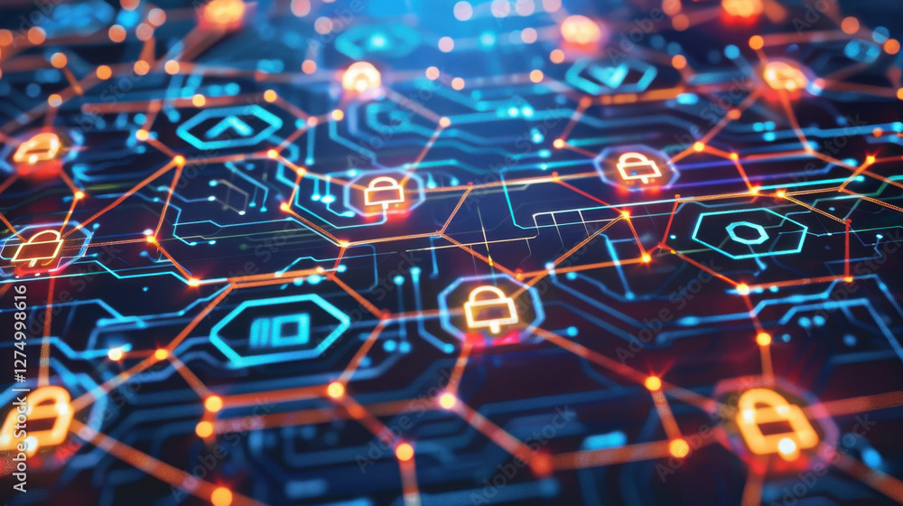 Poster vibrant digital network with interconnected nodes and security icons, symbolizing cybersecurity and 