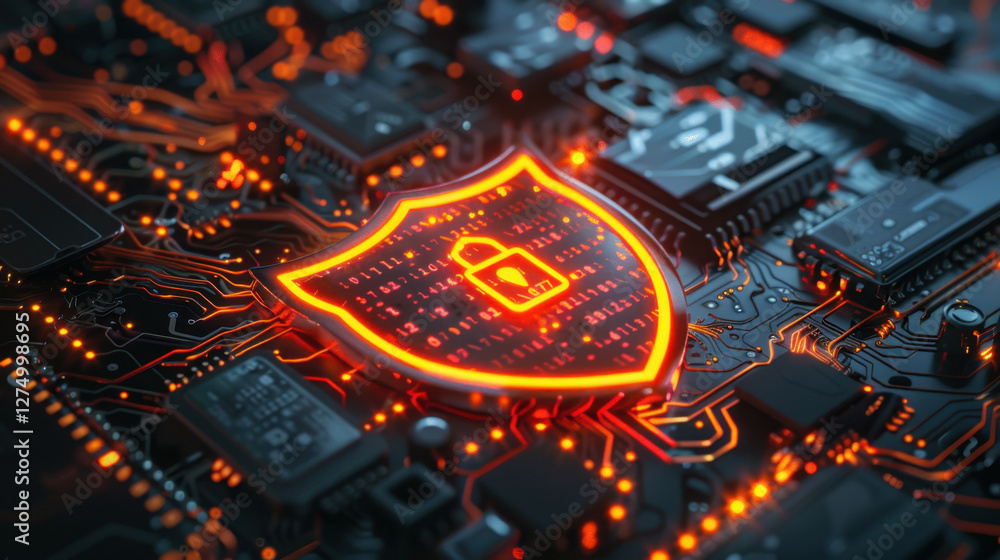 Poster digital security shield on circuit board with glowing elements