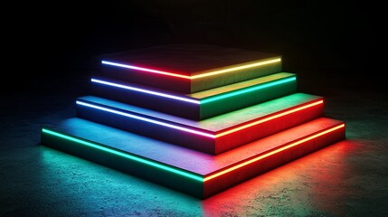 Levitating 3D neon shapes with soft glowing shadows, modern aesthetic, copy space