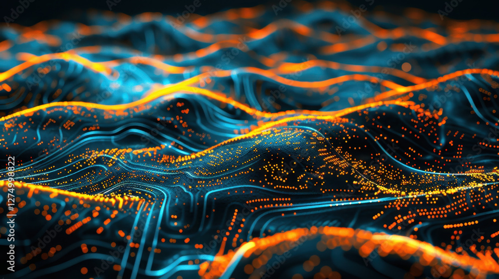 Poster abstract digital landscape with glowing blue and orange waves, representing data flow and technology