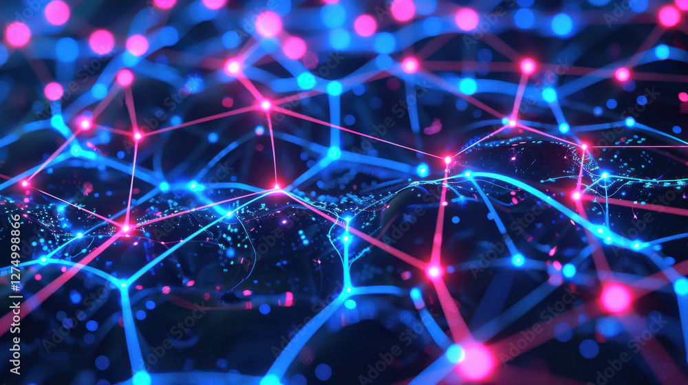 Aufkleber digital network with glowing nodes and connections in blue and pink hues, representing technology an