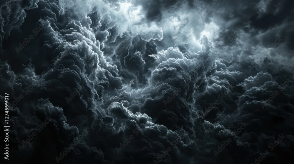 Poster dramatic dark storm clouds swirling in turbulent sky, creating intense and moody atmosphere. interpl