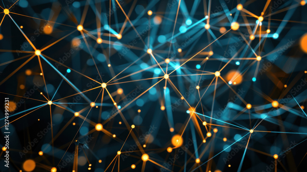 Poster vibrant abstract network of interconnected lines and nodes in blue and orange, representing technolo