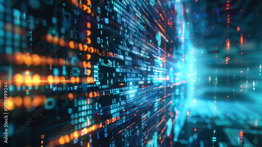 Poster vibrant digital landscape with flowing data streams and binary code, representing technology and inn