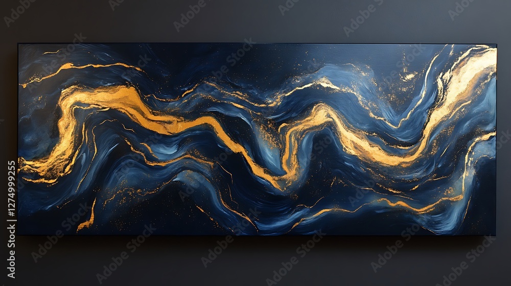 Poster an abstract artwork featuring swirling navy and gold patterns, creating a stunning visual impact and