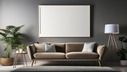 Living Room Frame Mockup Cozy Interior with Sofa Lamp and Wall Art, Depicting a Warm and Inviting Atmosphere in Rich Tones