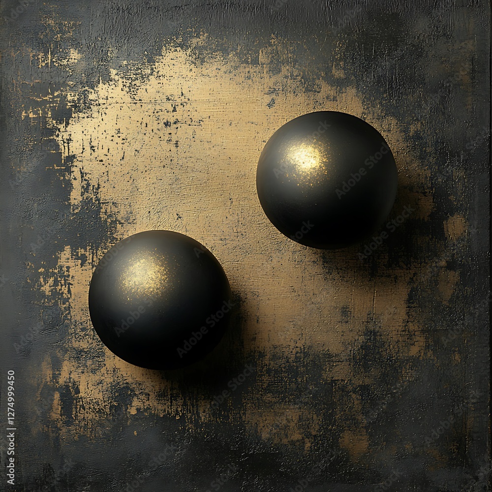 Poster an abstract artwork featuring two spherical forms against a textured background. this captivating de