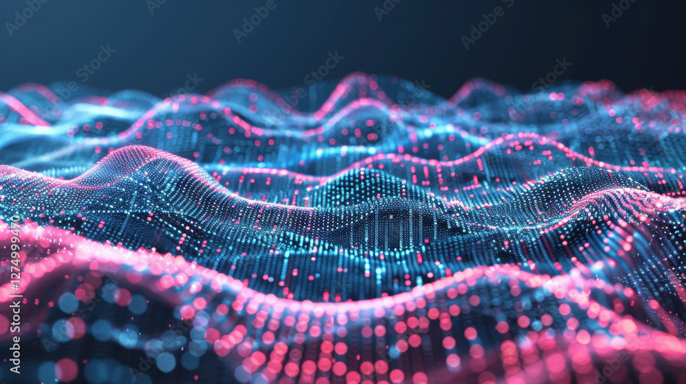 Poster digital waves vibrant colors create mesmerizing visual effect, showcasing blend of blue and pink dot