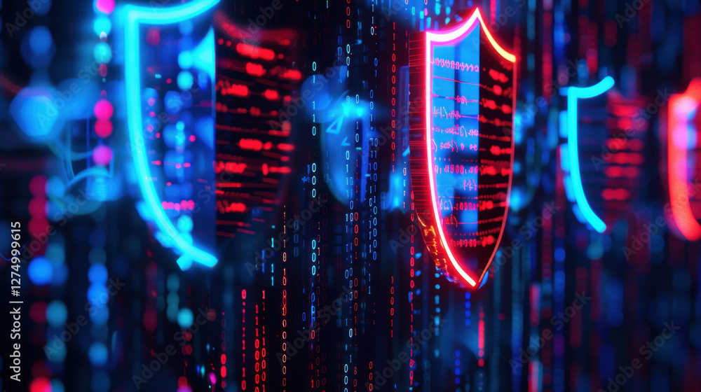 Poster digital security concept with glowing shields and binary code