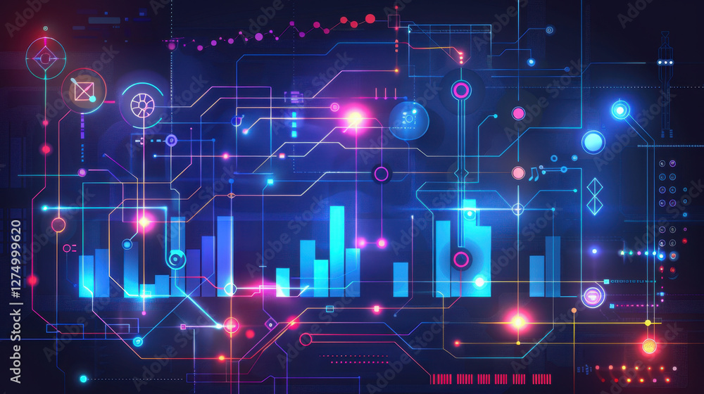 Poster digital abstract technology background with glowing data visualization elements, graphs, and circuit