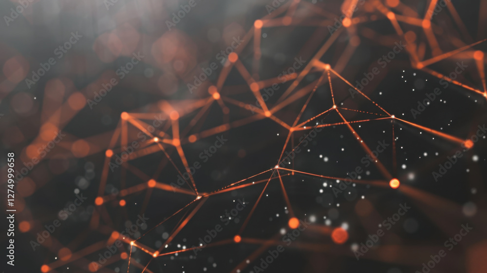 Poster abstract network structure with glowing orange lines and particles, creating sense of depth and tech