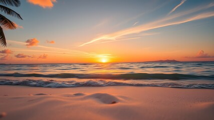 Obraz premium Closeup sea sand beach. Panoramic beach landscape. Inspire tropical beach seascape horizon. Orange and golden sunset sky calmness tranquil relaxing sunlight summer mood. Vacation travel holiday banner