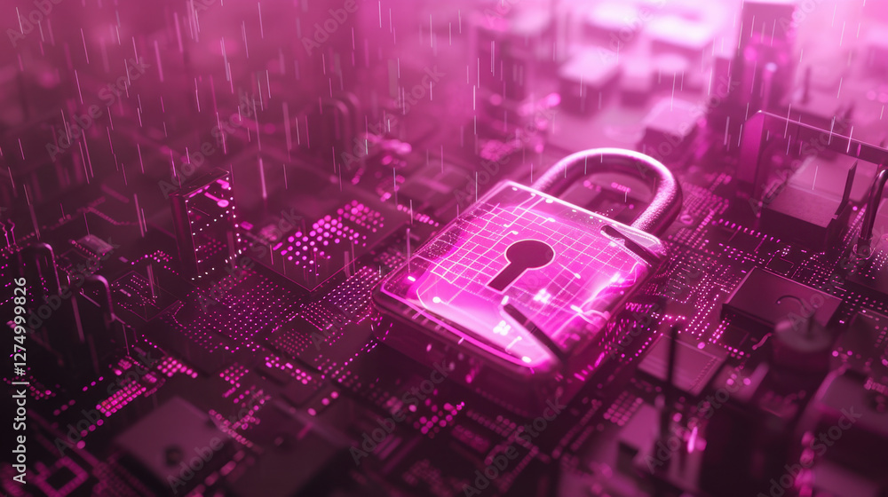 Poster digital padlock on circuit board with pink hue, symbolizing cybersecurity and data protection. image