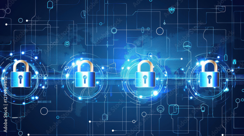 Poster secure digital locks on blue background symbolize cybersecurity and data protection. interconnected 