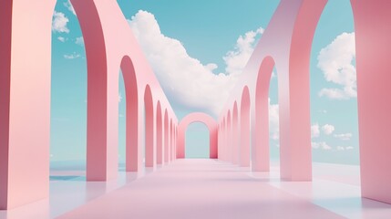 Dreamy Surreal Landscape with Minimalist Pink Arches and Sky