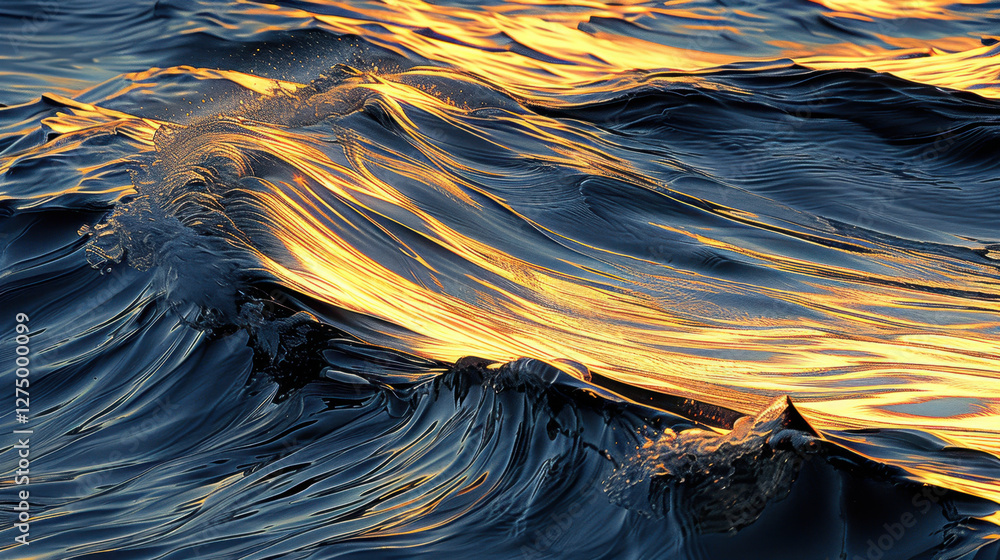 Poster shimmering waves reflect golden light, creating mesmerizing pattern on water surface. dynamic moveme