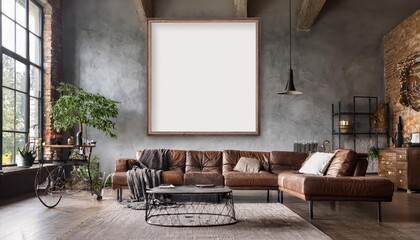 Industrial Chic Loft Living Room Frame Mockup with Rough Textures and Warm Tones, Embracing the Urban Edge in a Timeless Space