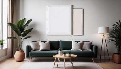 Living Room Mockup with Wall Art Framed Canvas Poster Vintage Charm Amid Modern Minimalism, Elevating Interior Design Inspiration