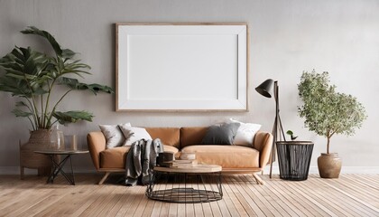 Industrial Loft Living Room Frame Mockup Underneath a Cool, Industrial Style 3D Render, Showcasing an Artistic Symphony of Metal, Glass, and Concrete Elements in a Sophisticated Ambience.