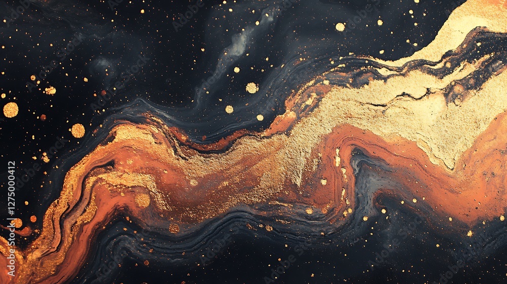 Poster an abstract background featuring rich gold and orange swirls against a dark canvas, creating a strik