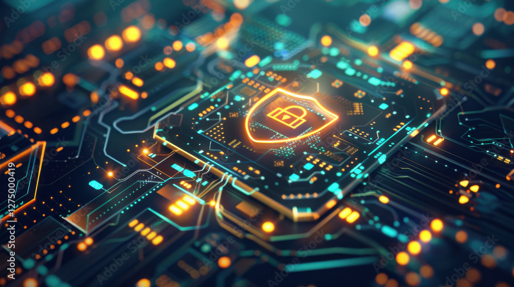 Poster digital circuit board with shield symbol representing cybersecurity
