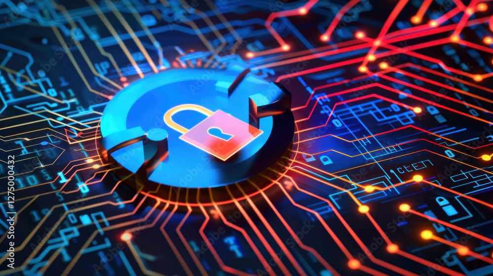 Poster digital lock symbol on circuit board background, representing cybersecurity and data protection. vib