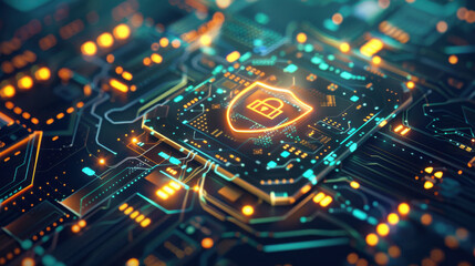 Obraz premium Digital circuit board with shield symbol representing cybersecurity