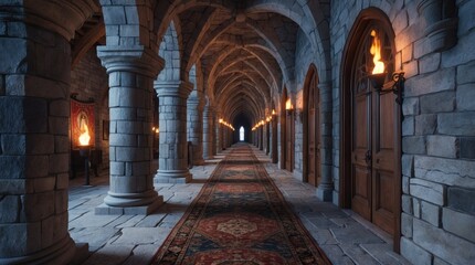 Obraz premium Medieval Corridor, Stone Hallway, Fantasy Interior, Archway, Rug, Gothic Architecture