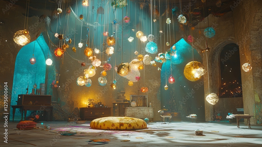 Fototapete Surreal 3D dreamscape with floating objects and ethereal lighting, copy space