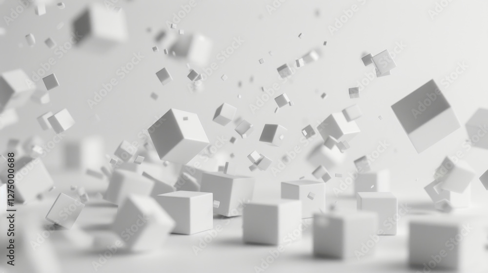 Poster floating white cubes create dynamic and abstract scene, evoking sense of movement and depth in minim