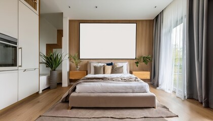3D Render of Modern Bedroom Interior Frame Mockup Against a Cool Minimalist Backdrop, Infusing Elegance and Sophistication in Contemporary Design Spaces