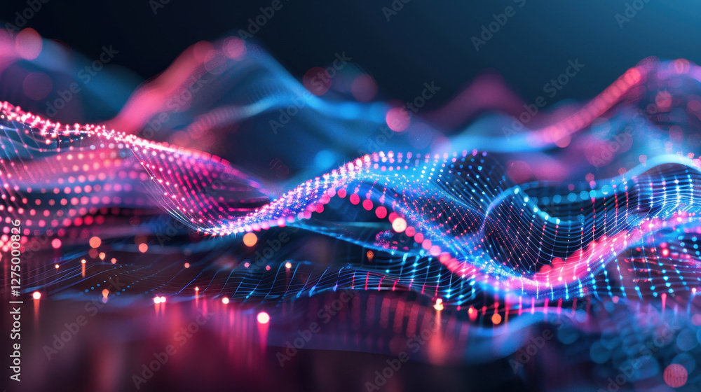 Poster abstract digital waves in vibrant colors, representing data flow and technology. dynamic patterns cr