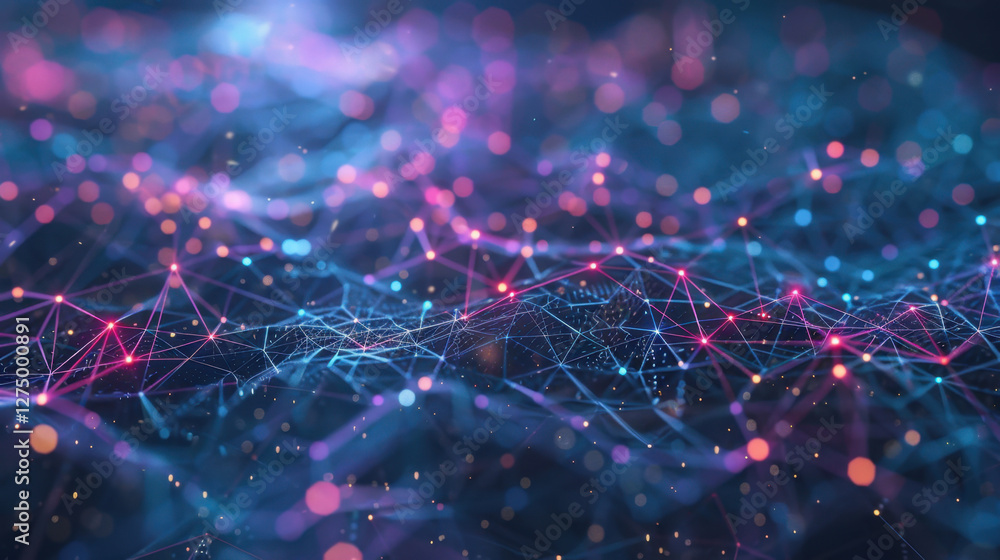 Poster vibrant abstract representation of digital network with glowing nodes and connections, showcasing bl