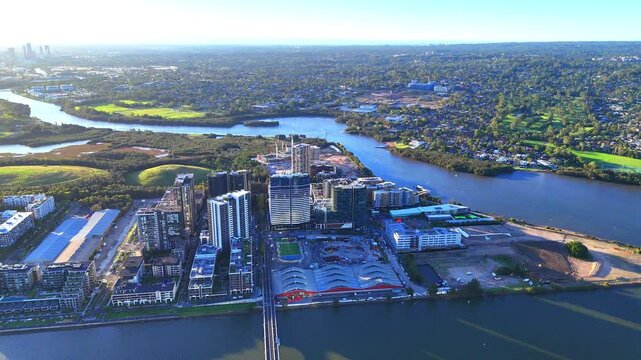 Panorama Aerial view above Rhodes with views to Wentworth Point and Parramatta River in Sydney NSW Australia