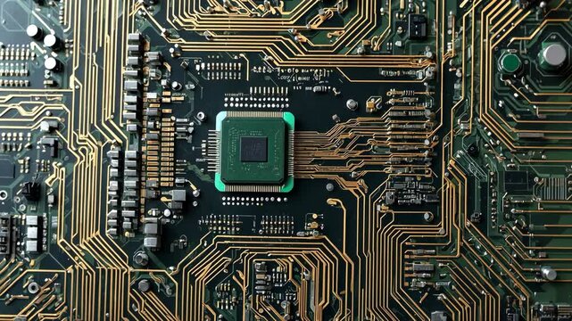 Video footage of Close up of a computer motherboard with intricate circuitry and a central processing unit, highlighting the complexity and precision of electronic components