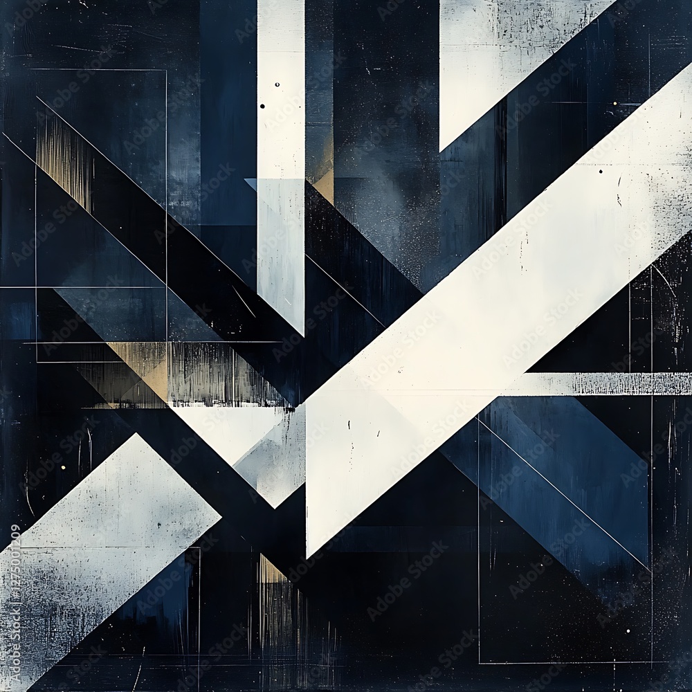 Poster an abstract composition featuring dynamic geometric shapes in varying shades of blue and white, crea