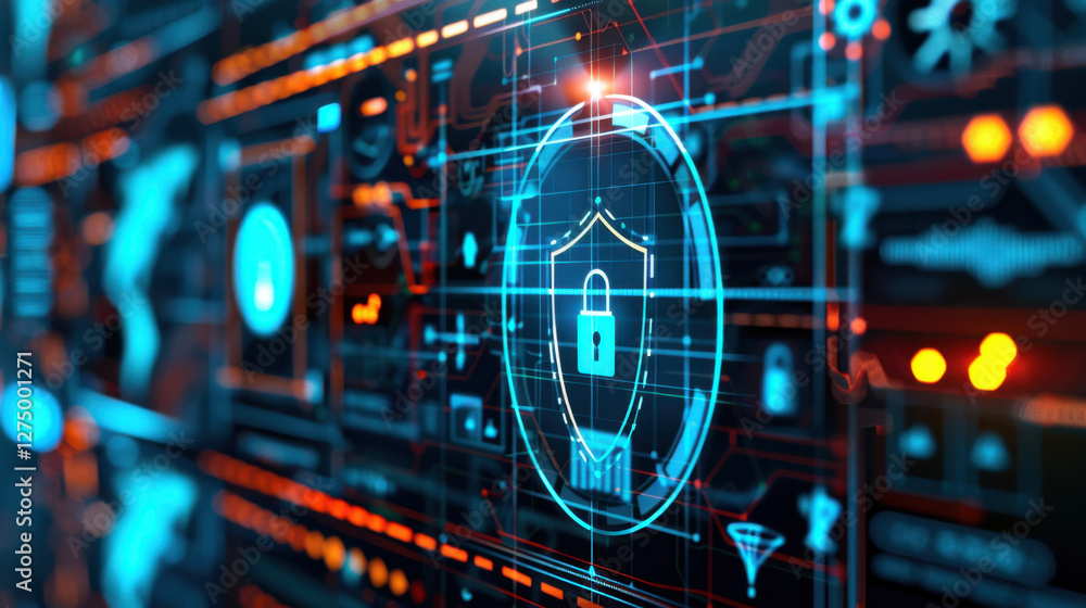 Poster digital security interface with lock symbol, technology background, data protection, cybersecurity c